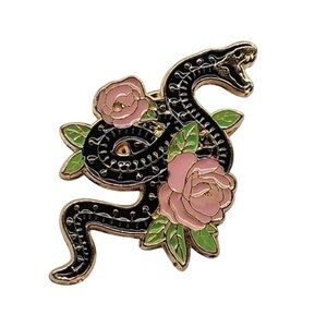 Vintage Style Celestial Snake Wrapped Around Roses & Flowers Enamel Pin Brooch
